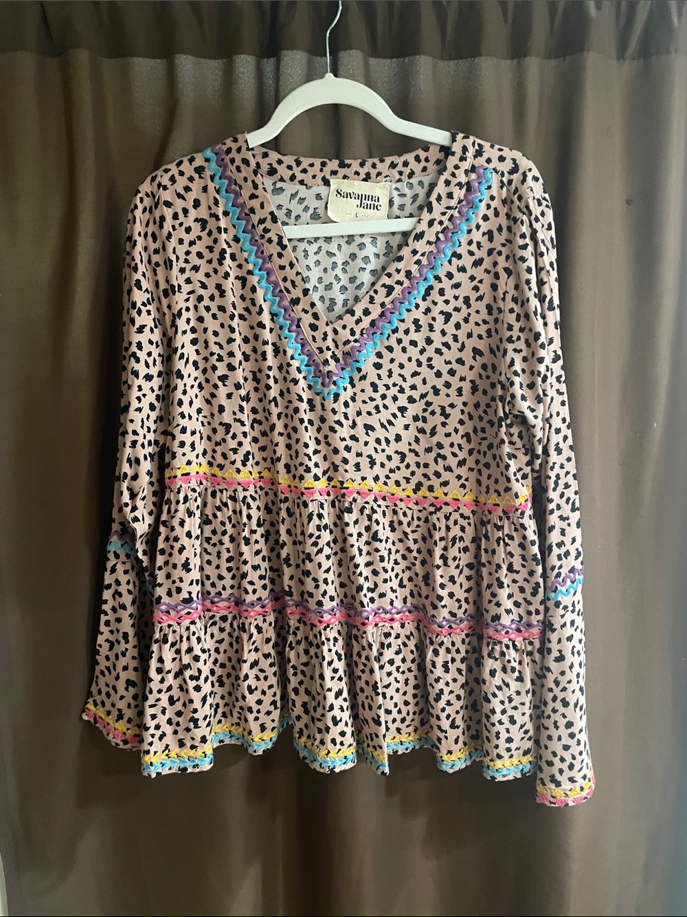 Savanna Jane Pink Leopard Print V-Neck Tiered Peplum Top with Multicolor Trim